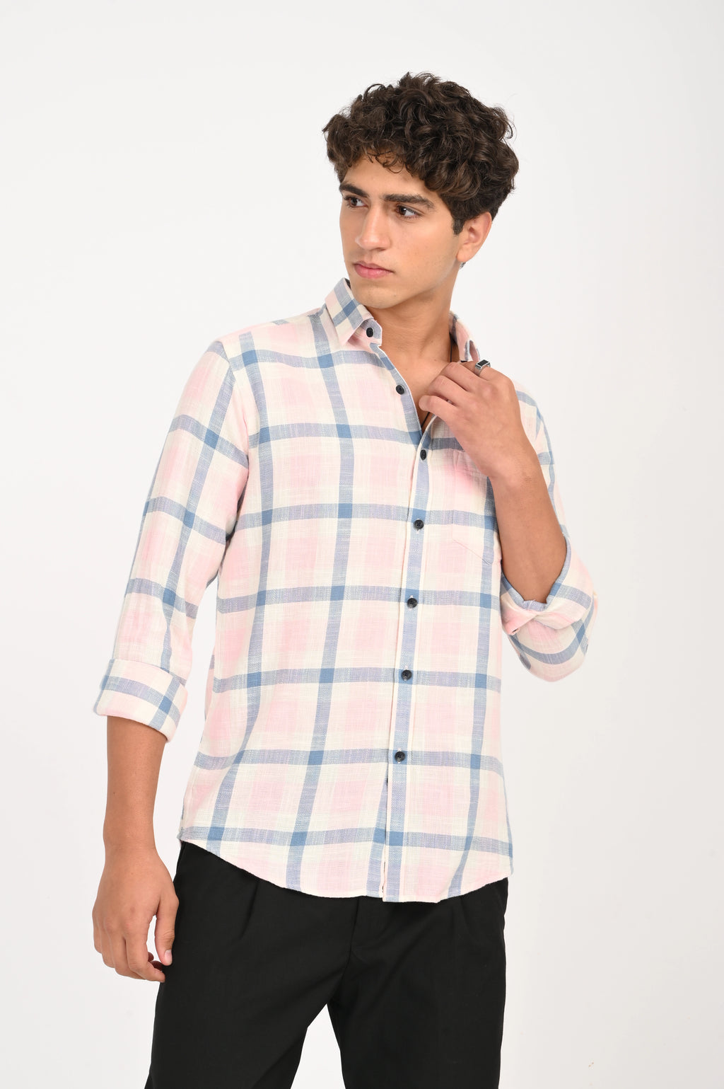 LIGHT PINK WITH BLUE CHECKED SHIRT