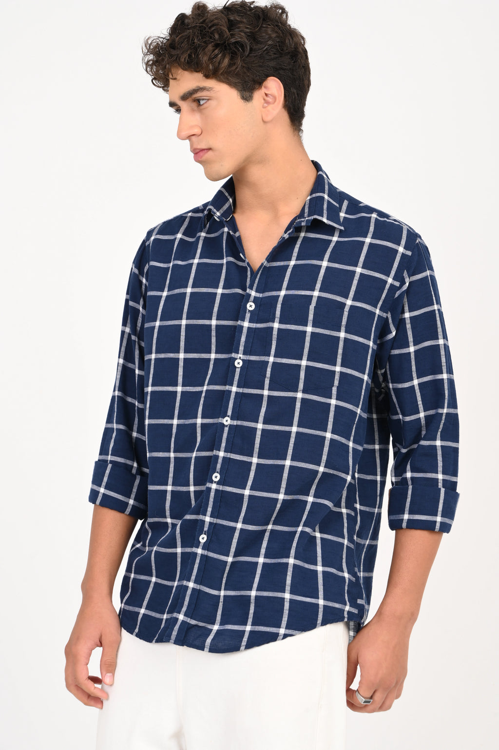 LINEN NAVY CHECKED SHIRT